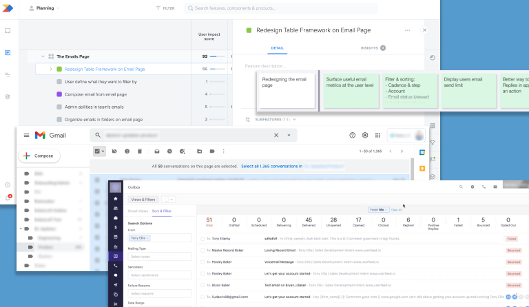 Screenshots of Productboard and emails lists from other apps