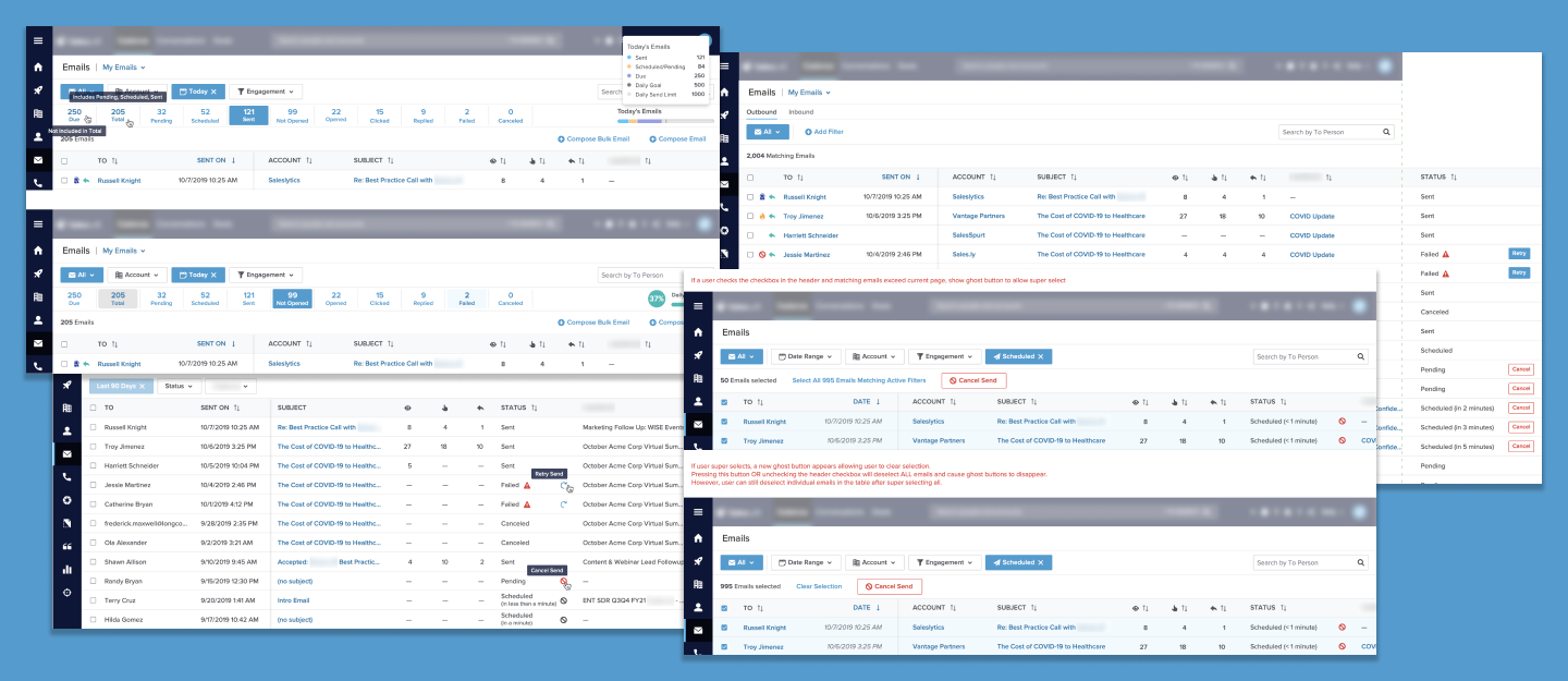 Screenshots of explorations of the emails list