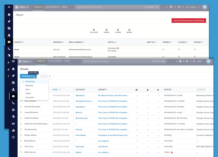 Screenshots of the orignal and redesigned emails list