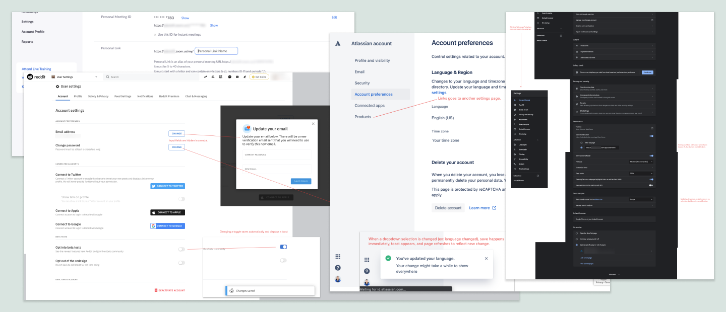 Screenshot of settings pages from different apps