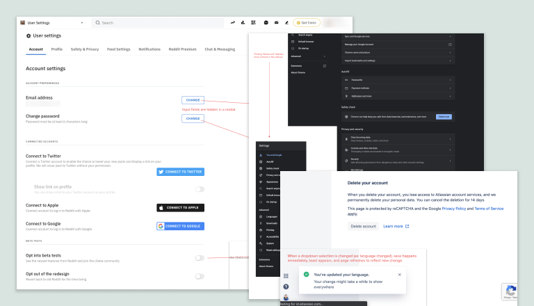 Screenshot of settings pages from different apps