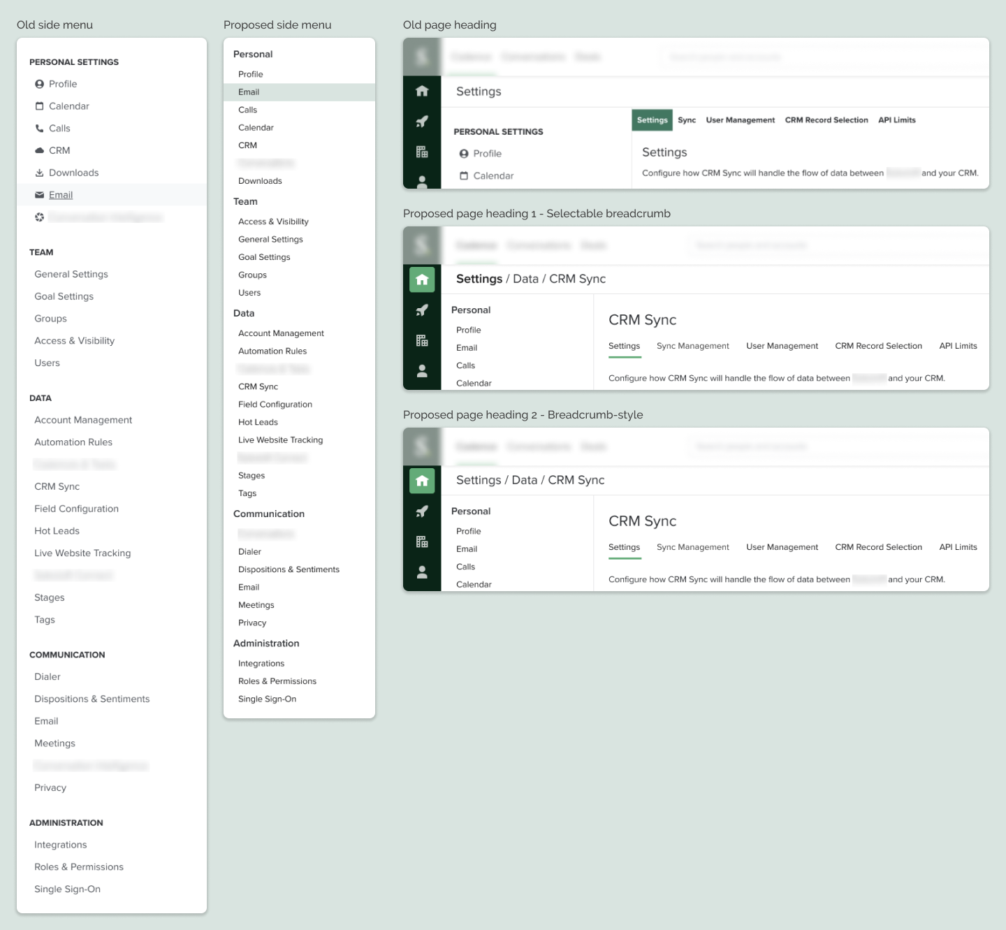 Screenshot of old and new versions of side menu and page titles