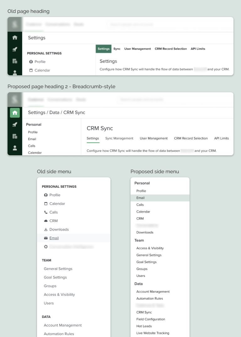 Screenshot of old and new versions of side menu and page titles