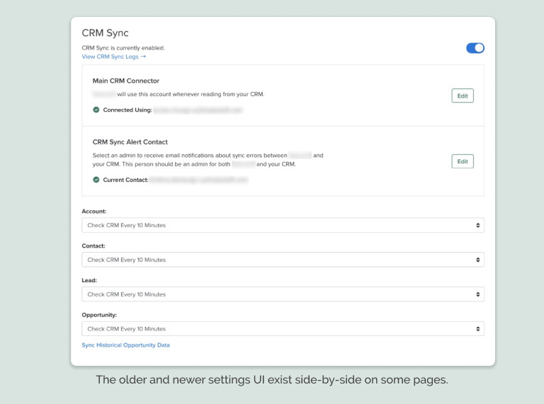 Screenshot of old and new UI on the same settings page