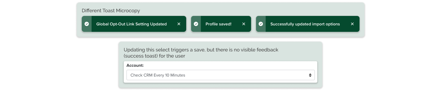 Screenshot of 3 toasts with different microcopy