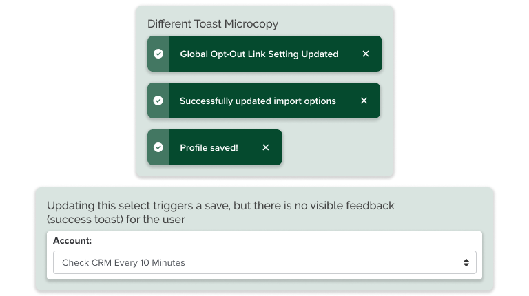 Screenshot of 3 toasts with different microcopy