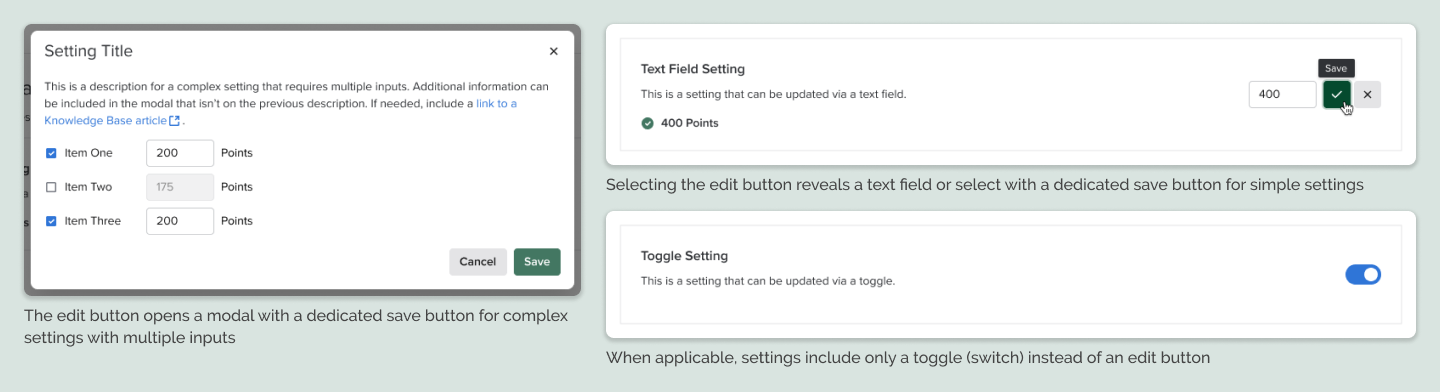 Screenshot of new Settings UI for modals, text fields, and toggles