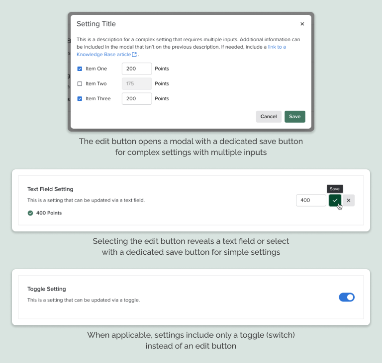 Screenshot of new Settings UI for modals, text fields, and toggles